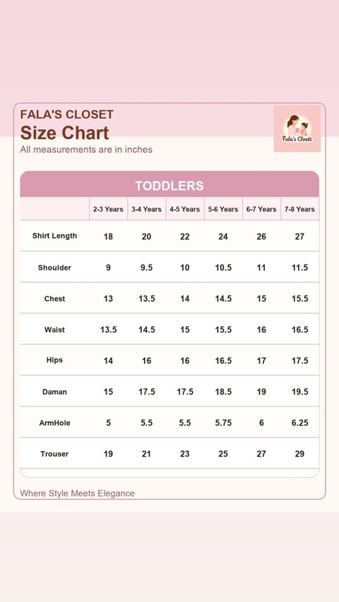 Toddlers size chart for Fala's Closet